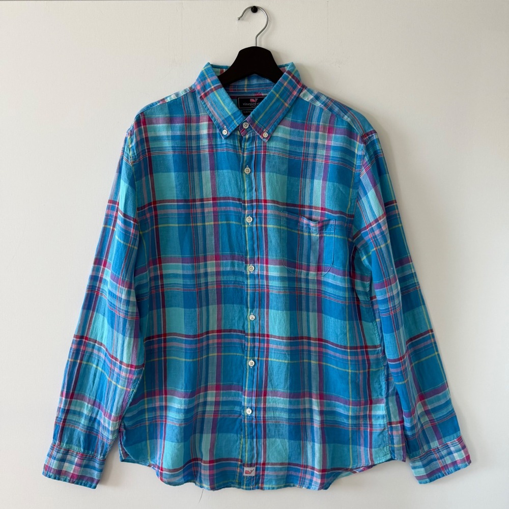 Vineyard Vines Mens Large Blue Plaid 100% Linen Slim Fit Murray Shirt LS Button
